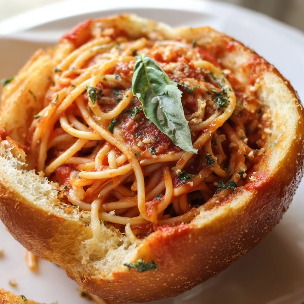 Homemade garlic bread bowl overflowing with classic pasta and fresh basil garnish on white plate