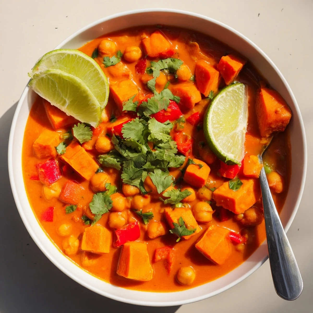 Steamy bowl of chickpea and sweet potato curry garnished with fresh cilantro and lime wedges