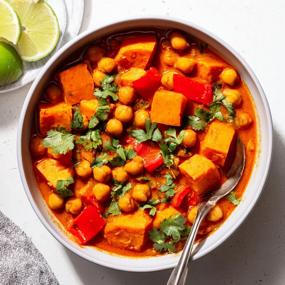 Golden chickpea and sweet potato curry simmered in aromatic spices with red bell pepper