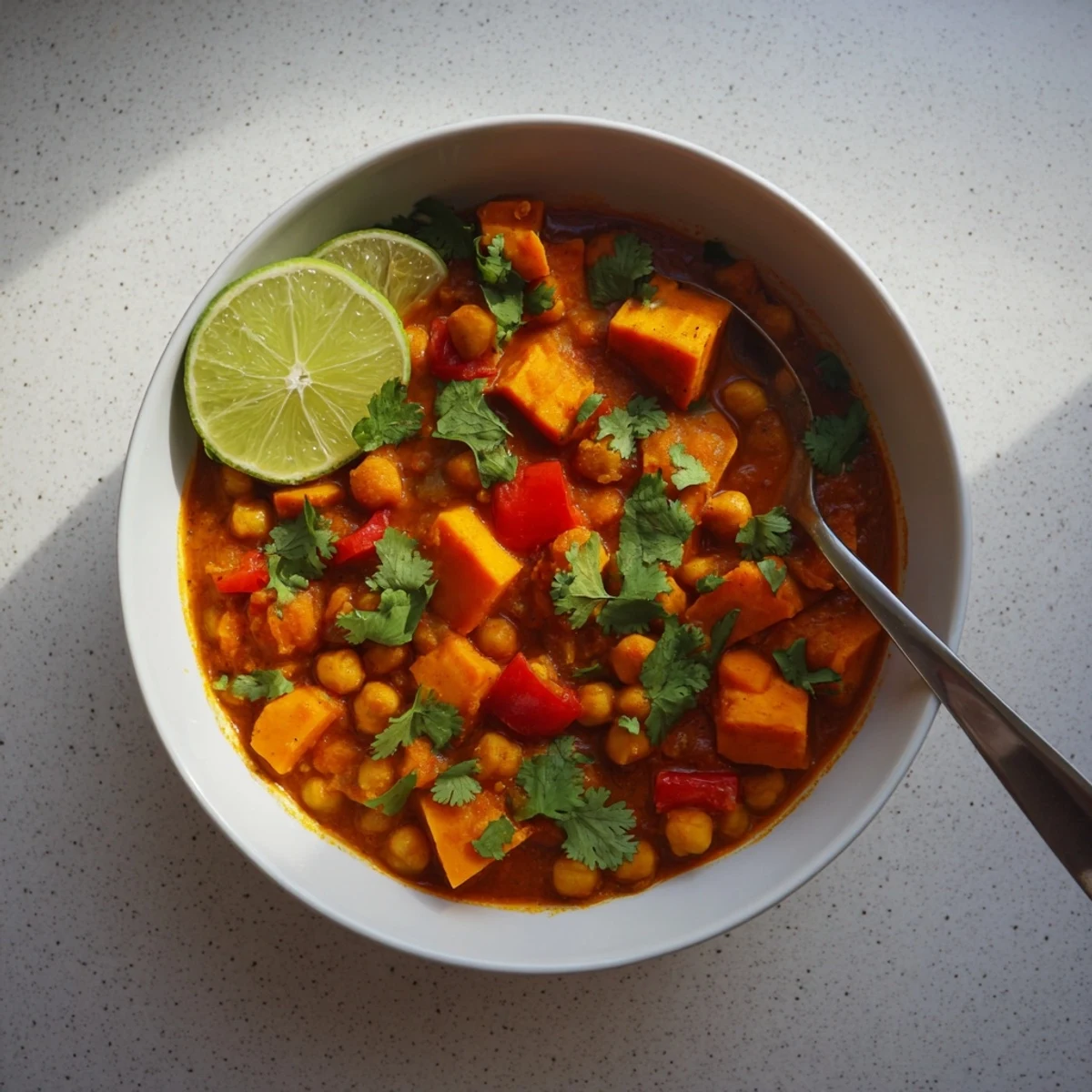 Creamy coconut-based chickpea and sweet potato curry served over fluffy white basmati rice