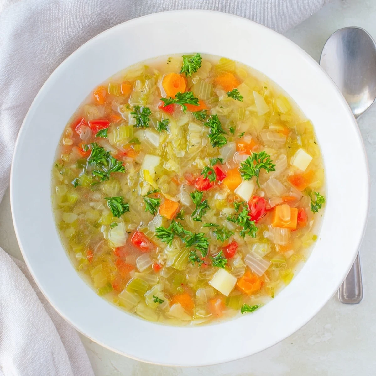 Steamy bowl of healthy cabbage soup loaded with colorful vegetables and fragrant herbs in a white soup bowl.