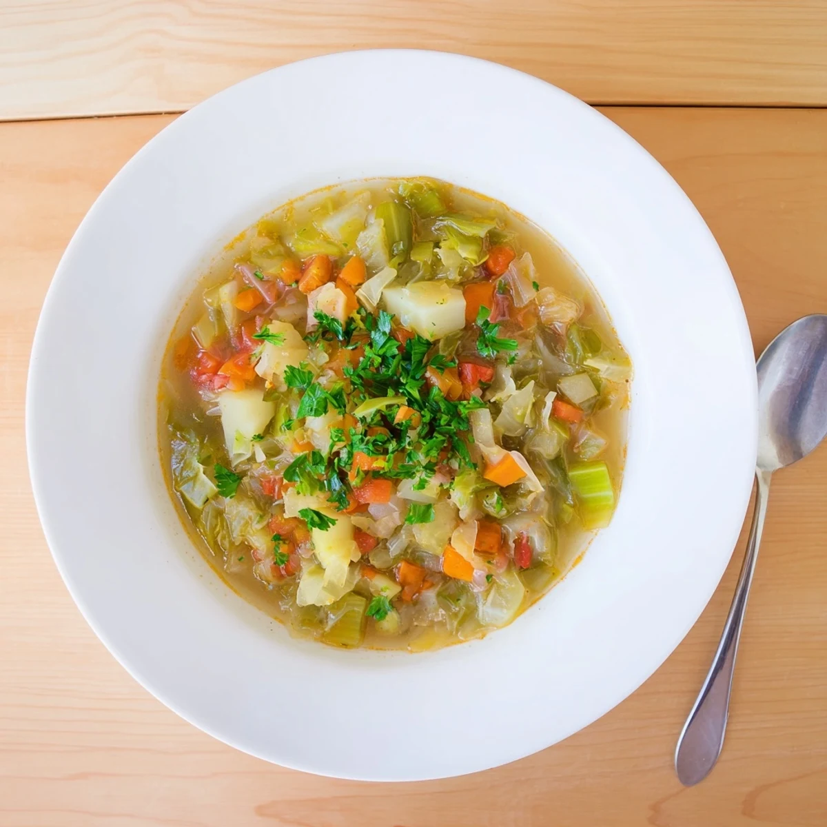 Hearty homemade cabbage soup featuring tender green cabbage chunks, carrots, and celery in rich vegetable broth.
