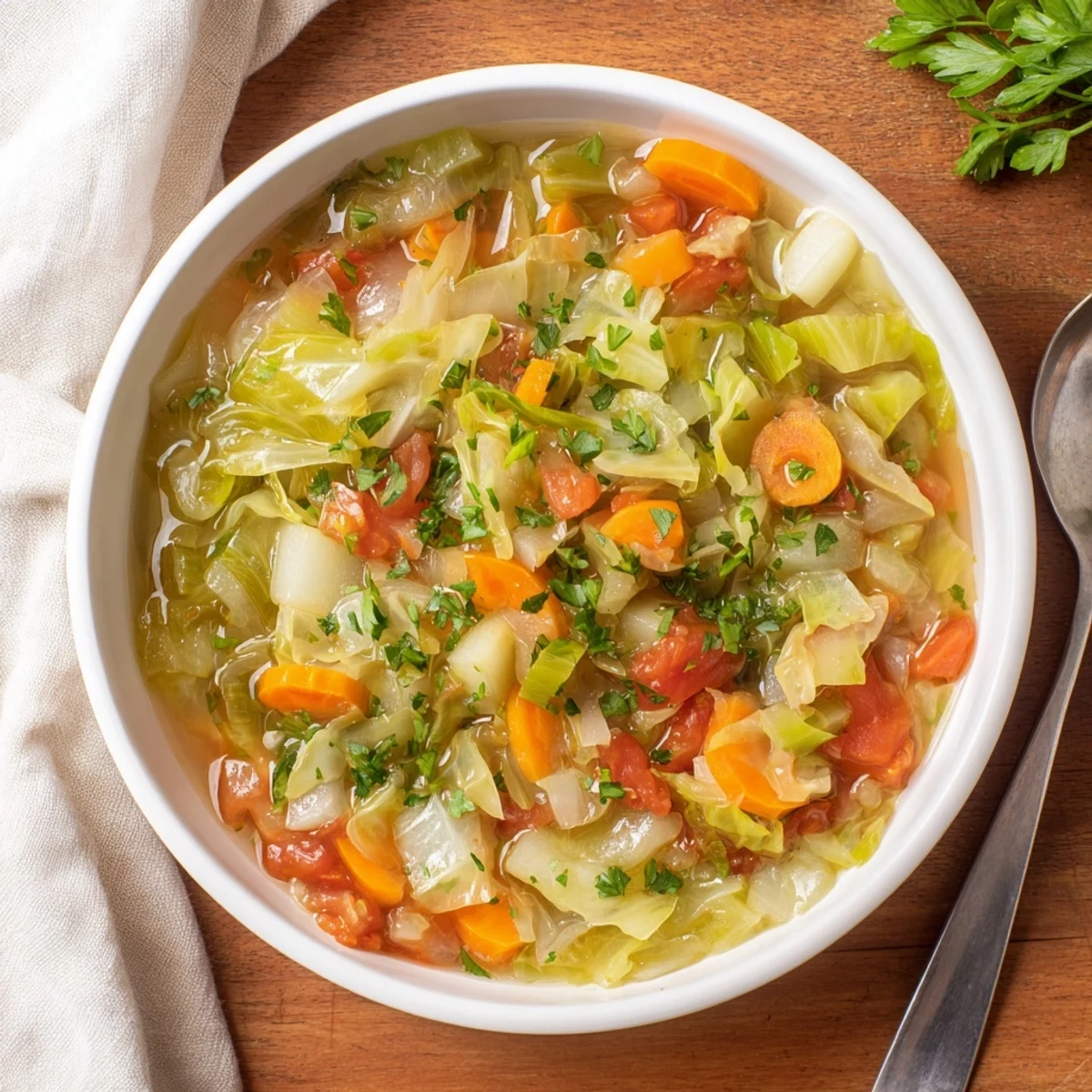 Garnished cabbage soup with fresh parsley and lemon wedge, showcasing vibrant vegetables in rustic serving bowl.