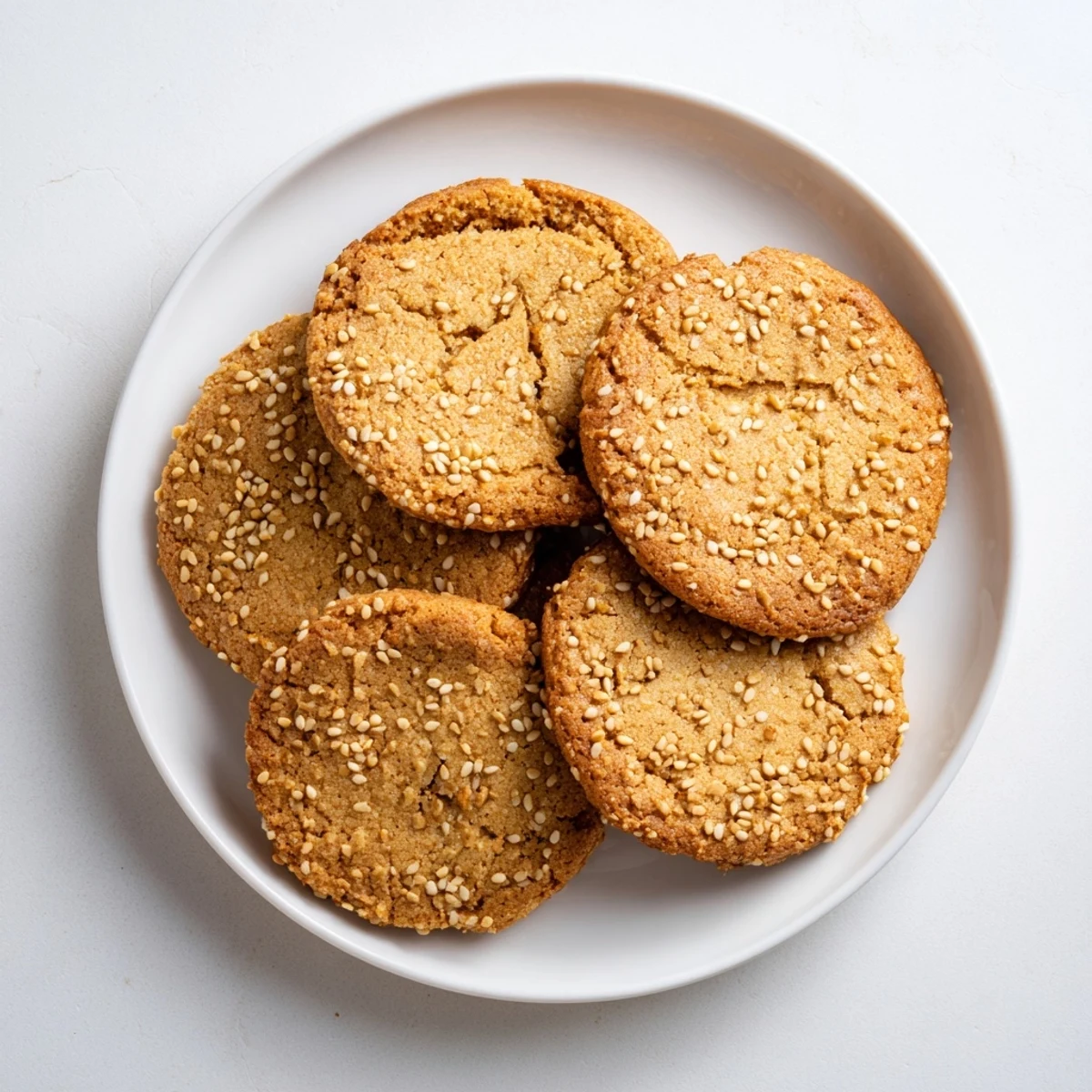 Close-up shot of soft sesame honey cookies displaying their crackled texture and crunchy sesame coating