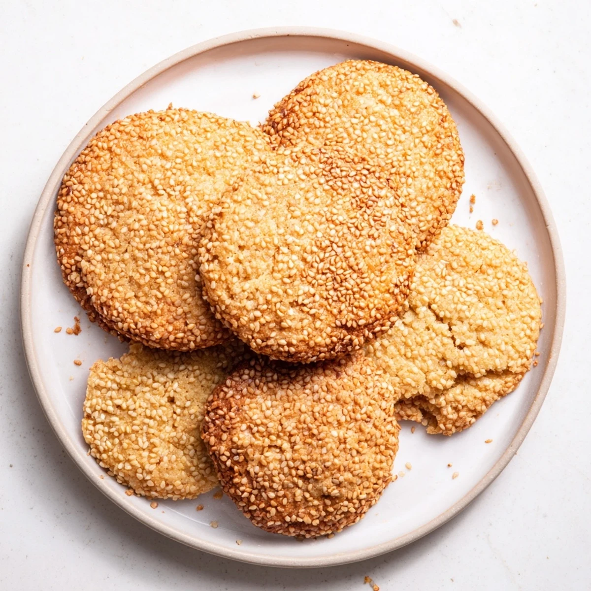 Golden brown chewy sesame honey cookies arranged on a wooden cutting board with toasted seeds visible on top