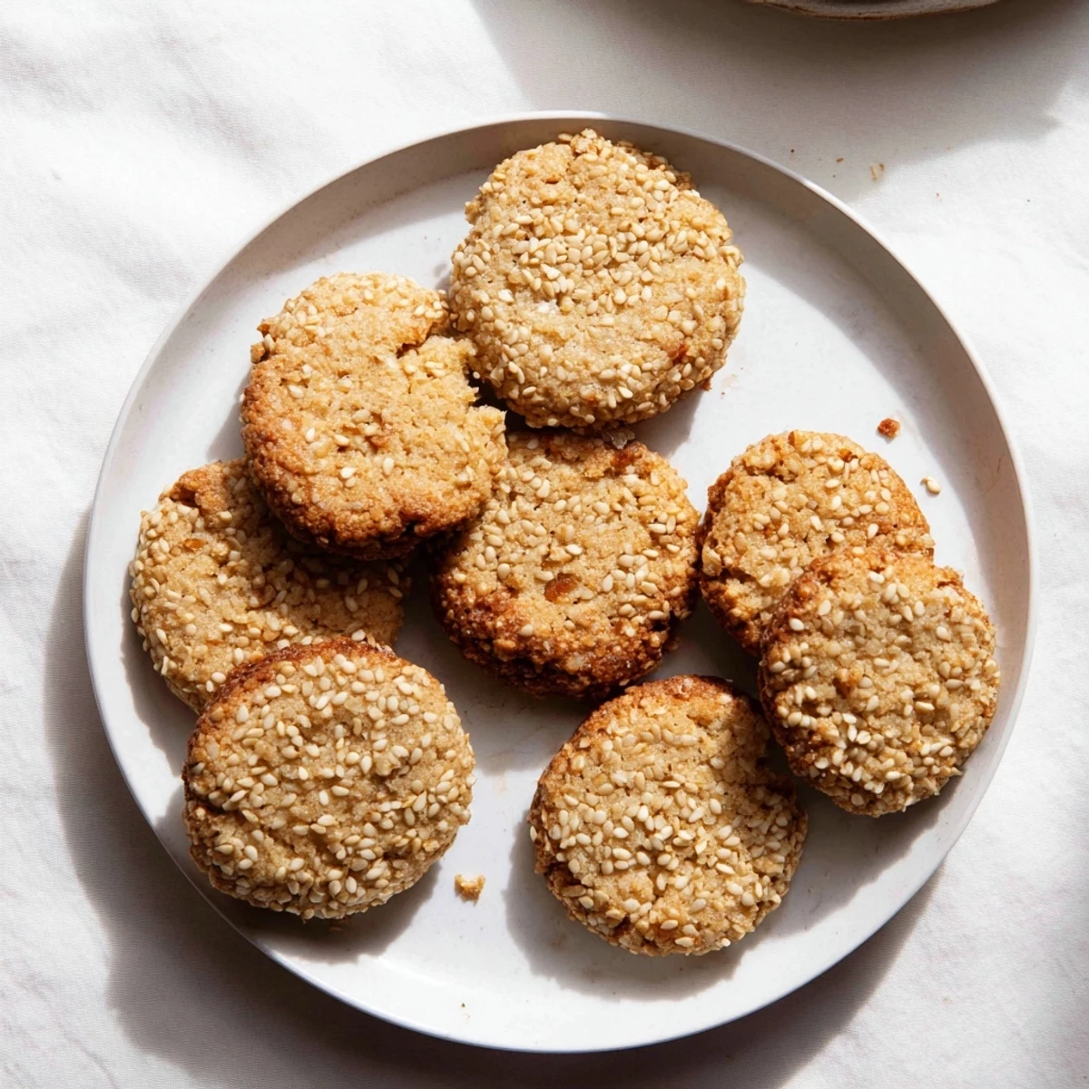 Stack of homemade sesame honey cookies on a white plate ready for afternoon tea or dessert serving