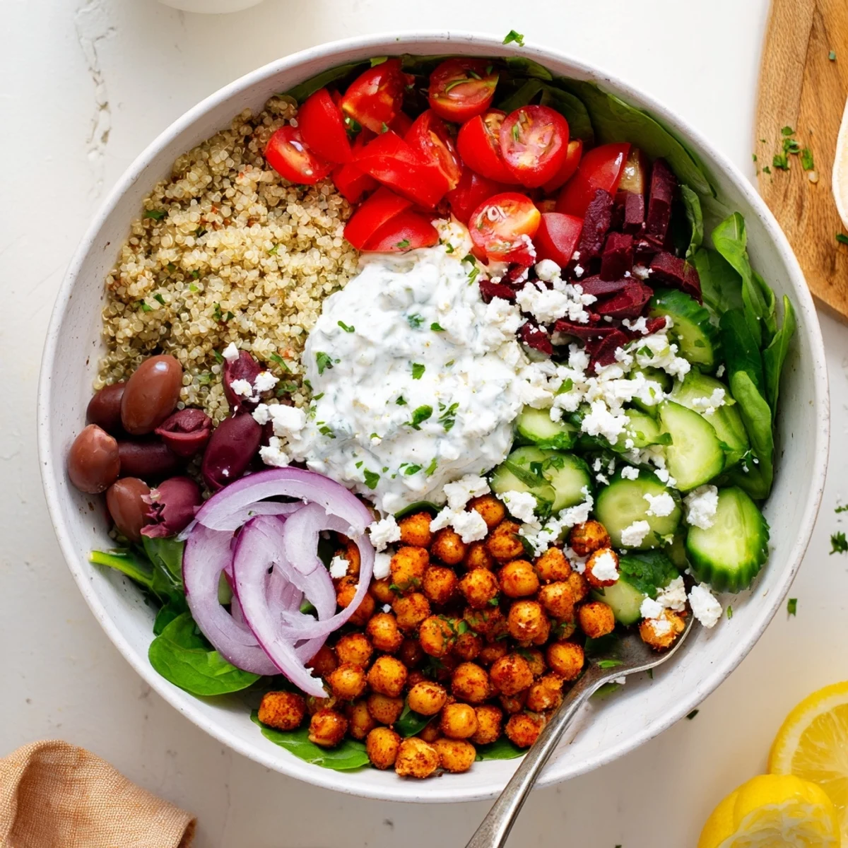 Colorful Greek Power Bowl layered with quinoa, crisp vegetables, olives, and creamy tzatziki sauce