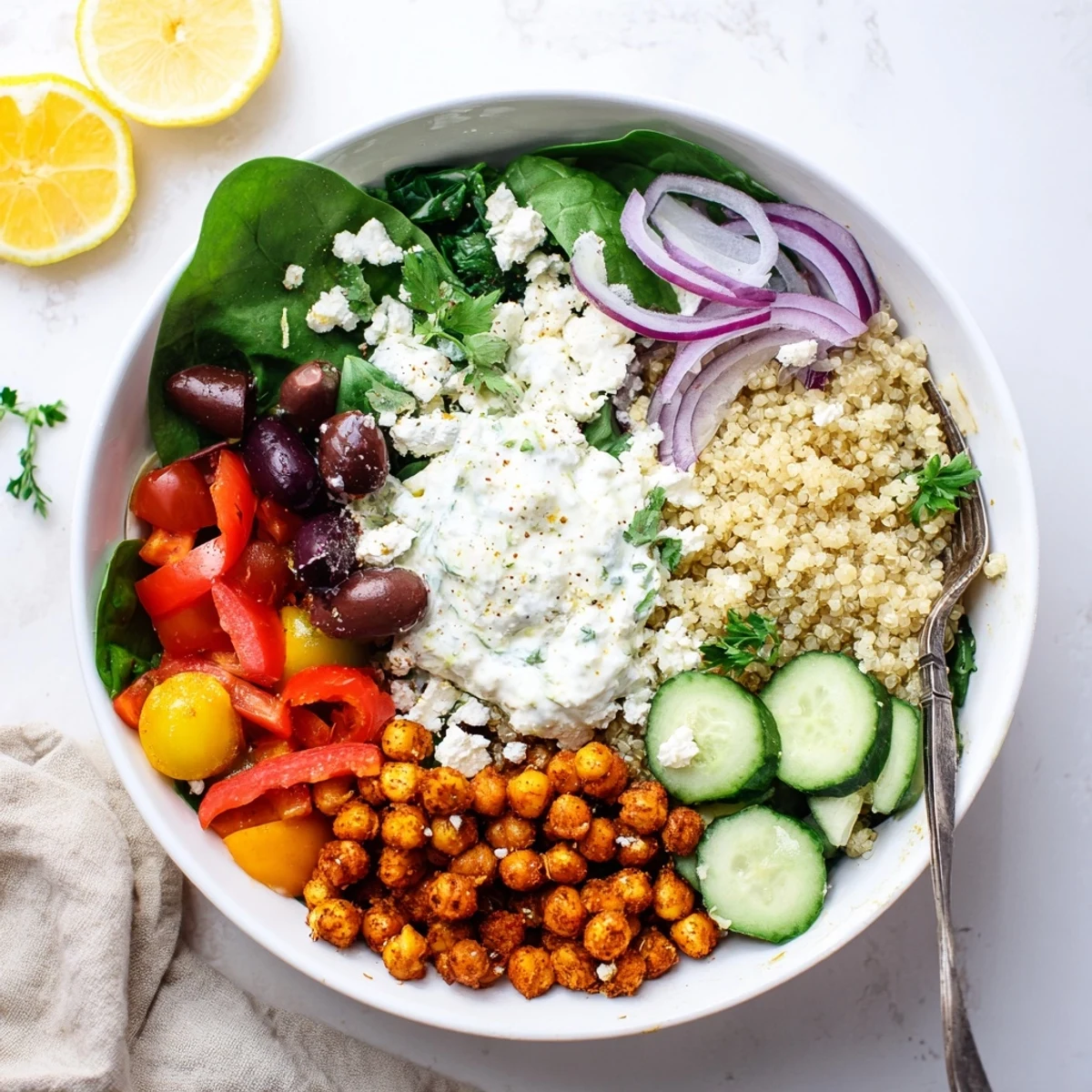 Healthy Greek Power Bowl featuring fluffy quinoa, spinach, cherry tomatoes, and tangy tzatziki drizzle