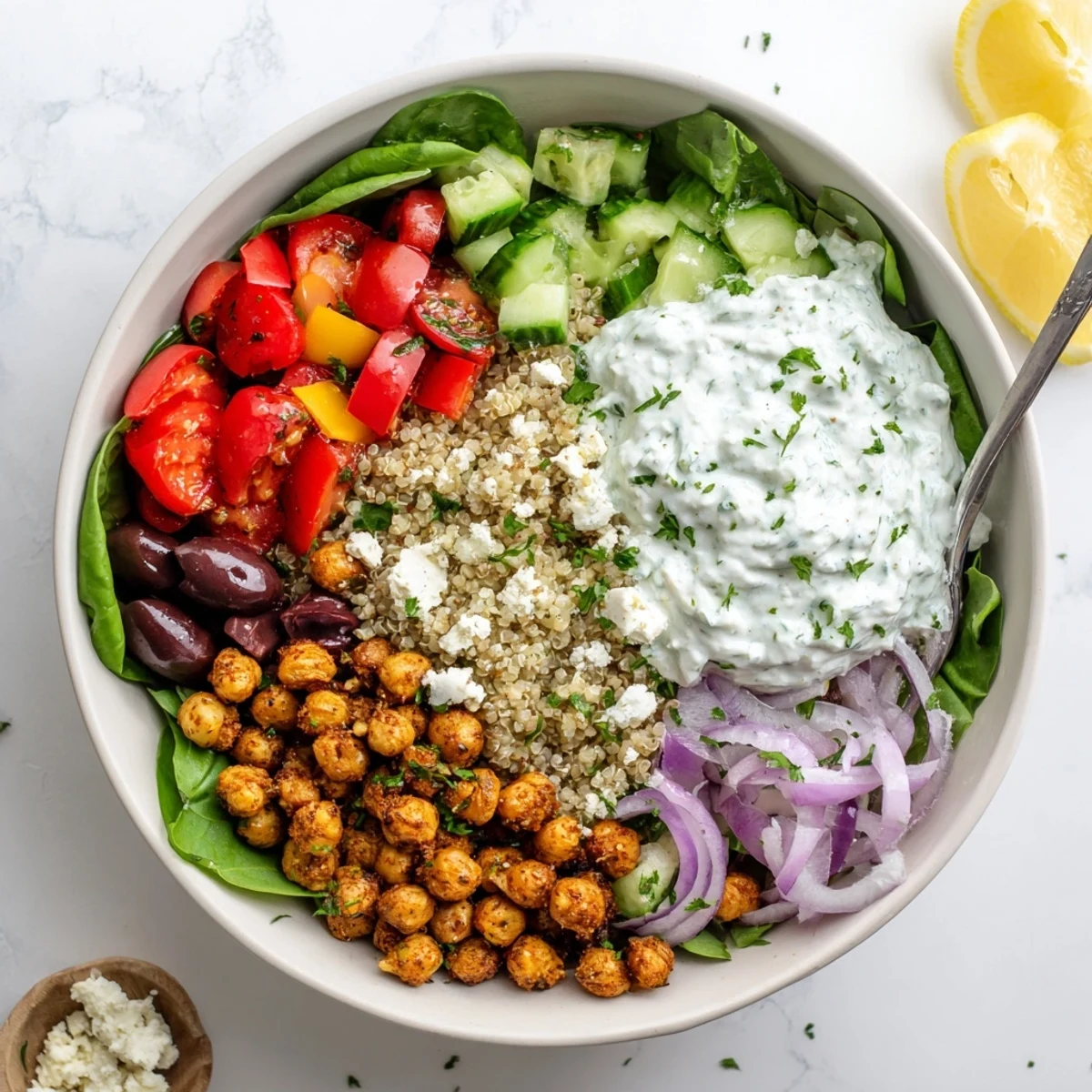 Mediterranean-style Greek Power Bowl arranged with roasted chickpeas, fresh veggies, and feta cheese topping
