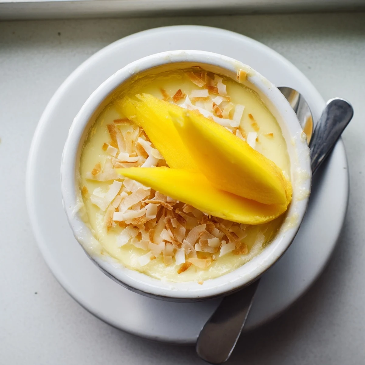 Creamy Thai coconut custard topped with toasted coconut flakes and fresh mango slices