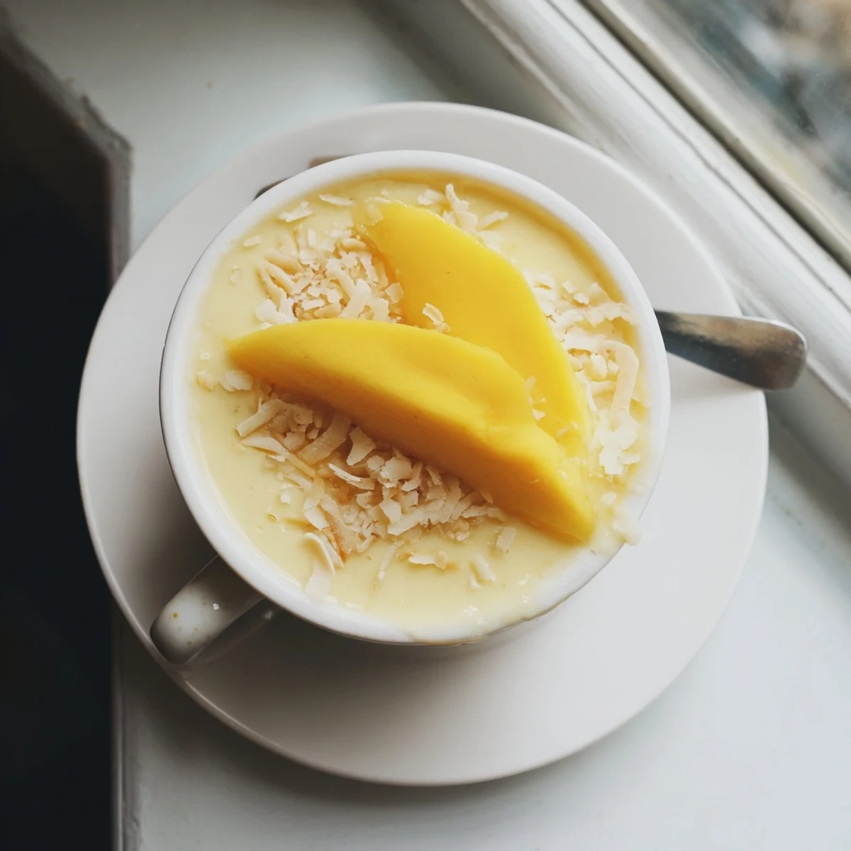 Smooth dairy-free Thai coconut custard served chilled in small white ramekins with coconut garnish