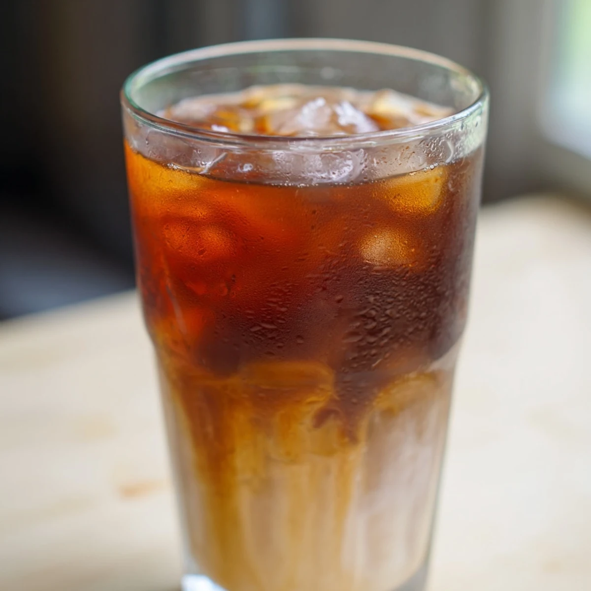Golden brown Okinawa milk tea with ice cubes in a clear glass
