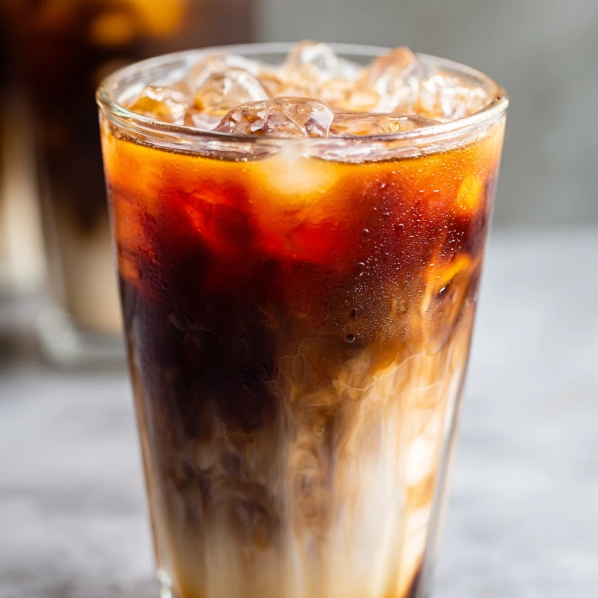 Creamy Japanese milk tea poured over ice in a tall glass showing caramel swirls