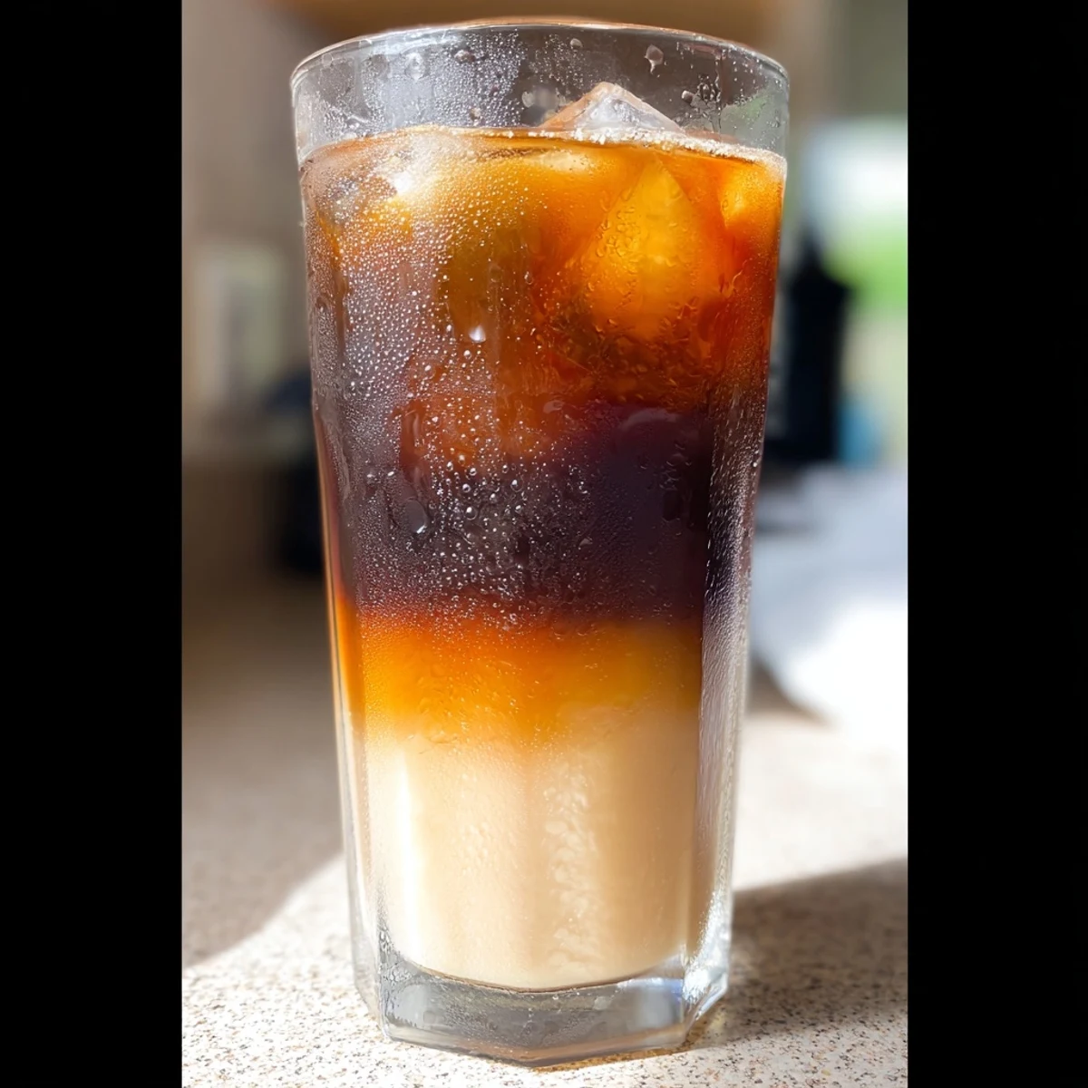 Refreshing glass of Okinawa milk tea featuring deep brown sugar layers and white milk swirls