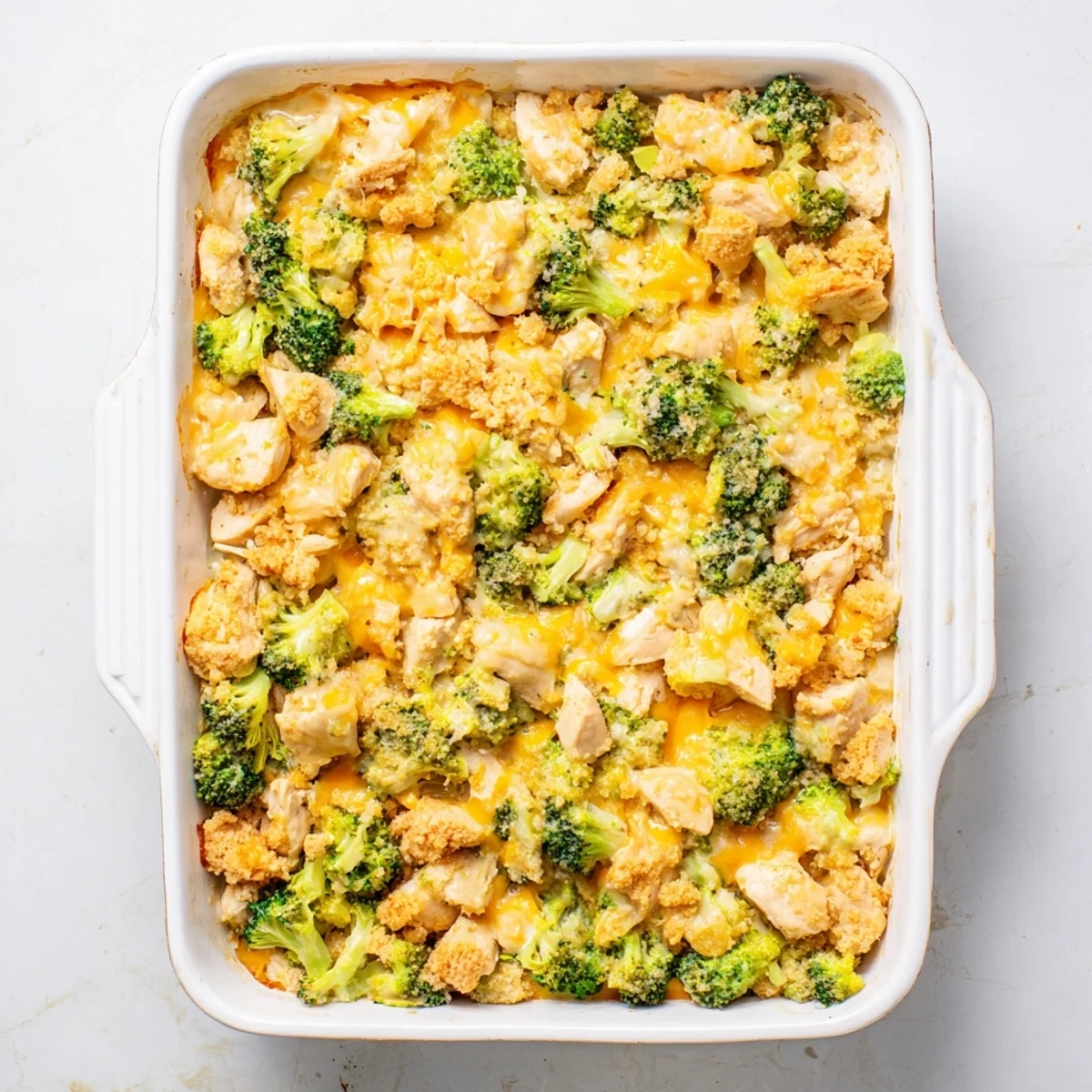 Golden brown chicken broccoli casserole with melted cheddar and crispy buttered panko topping