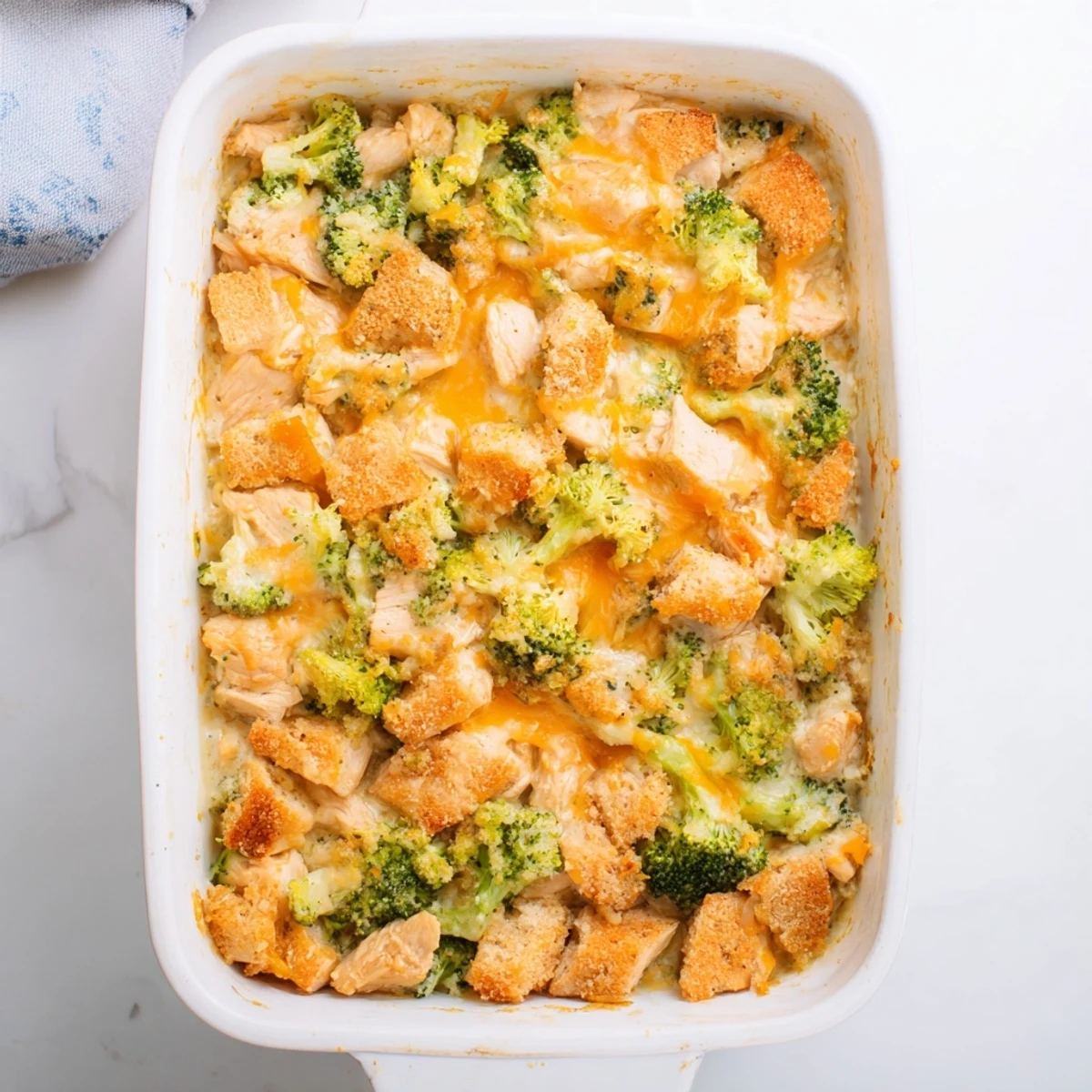 Homemade chicken broccoli casserole fresh from the oven, sprinkled with golden breadcrumb crust