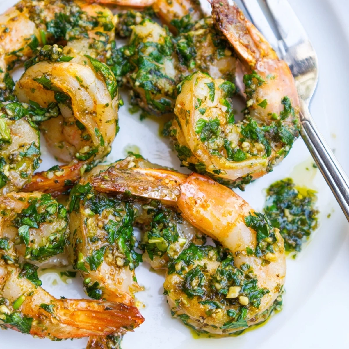 Golden pan seared chimichurri shrimp coated in vibrant green herb sauce with garlic and parsley
