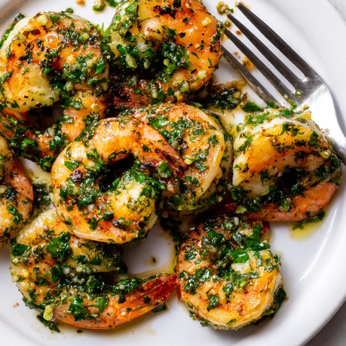 Sizzling chimichurri shrimp fresh from the skillet drizzled with zesty homemade herb sauce