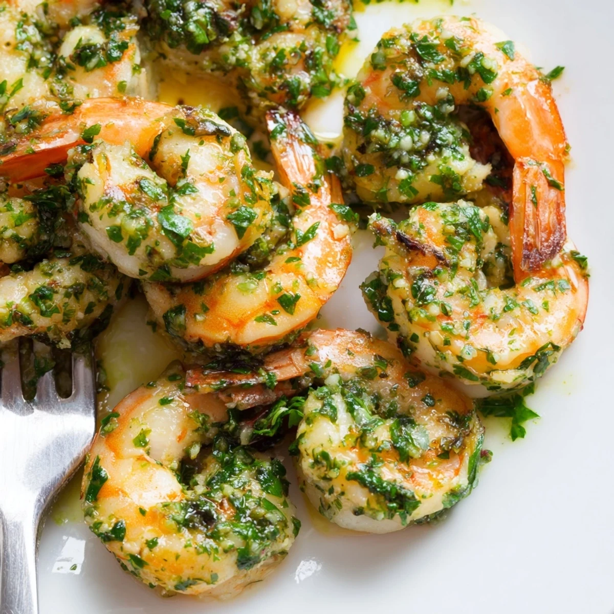 Juicy seared shrimp tossed in bright chimichurri sauce served on white plate