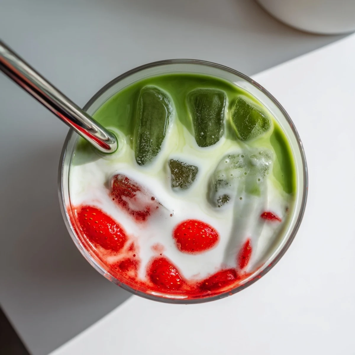 Gorgeous layered strawberry matcha latte with vibrant red strawberry puree, green tea, and creamy milk