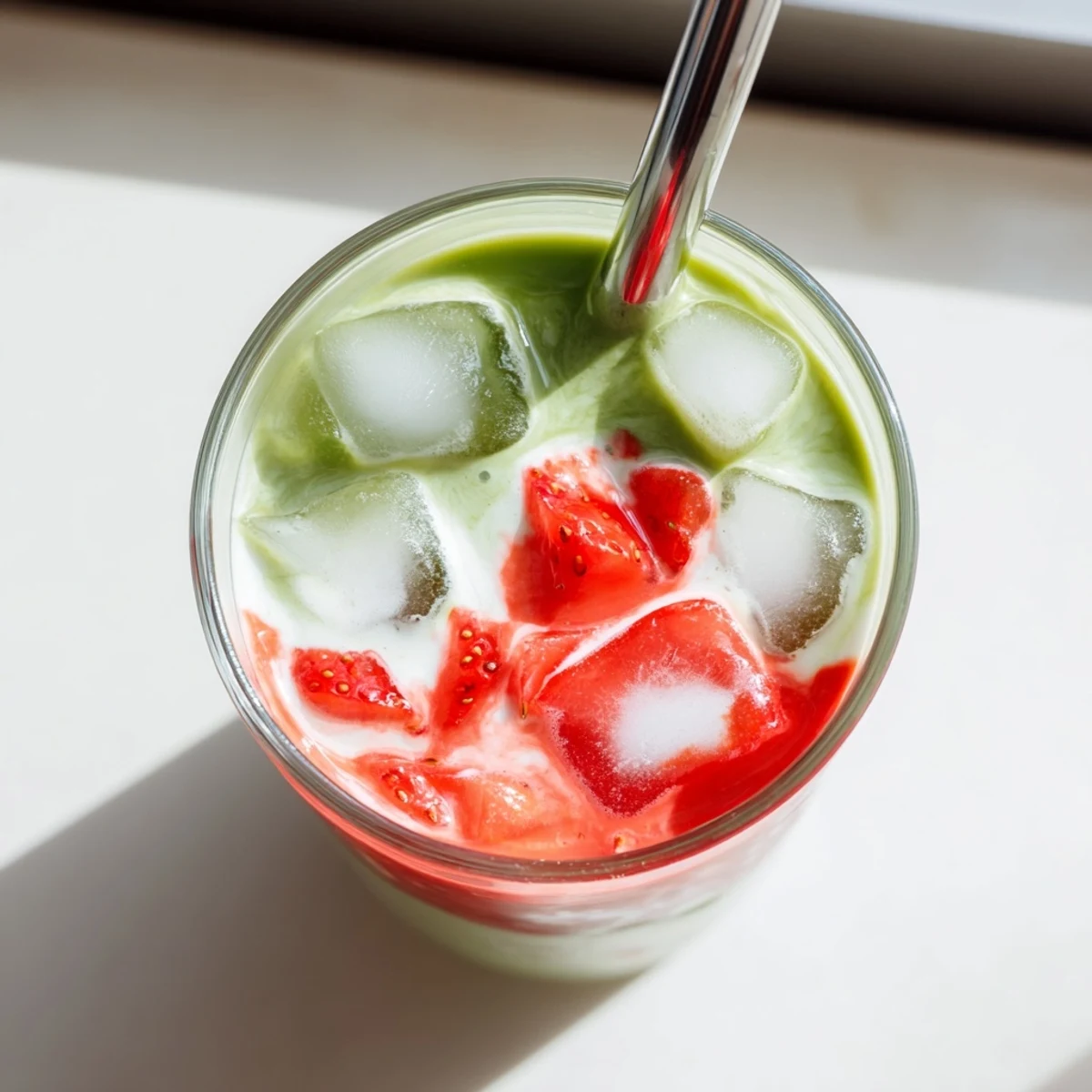 Refreshing strawberry matcha latte served in clear glass showing beautiful red and green gradient layers