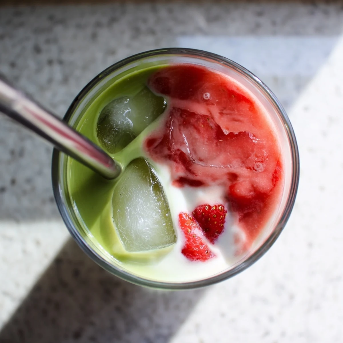 Homemade strawberry matcha latte with fresh strawberry base, frothy matcha, and ice cubes on top