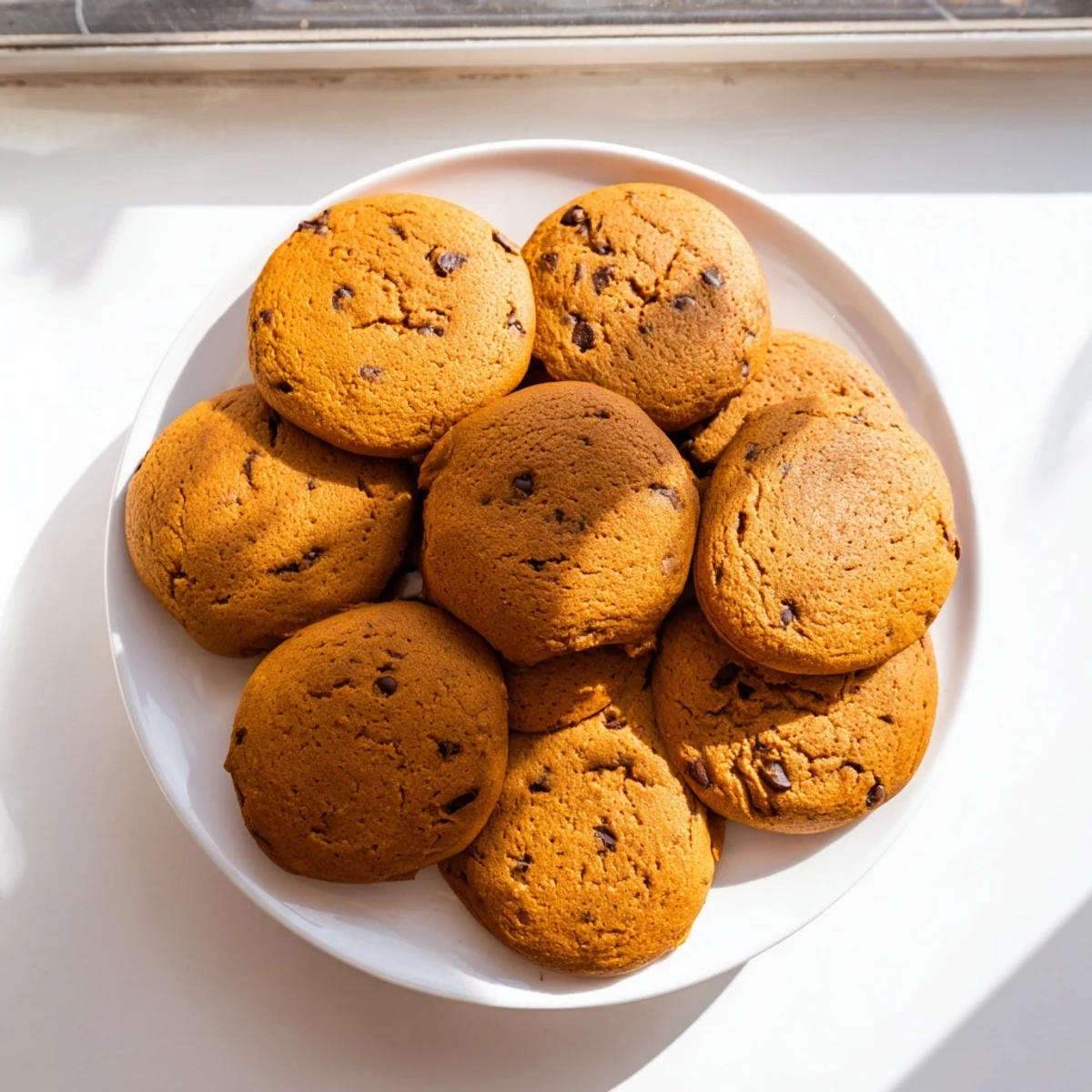 Batch of tender soft pumpkin cookies fresh from the oven with edges slightly golden and centers fluffy