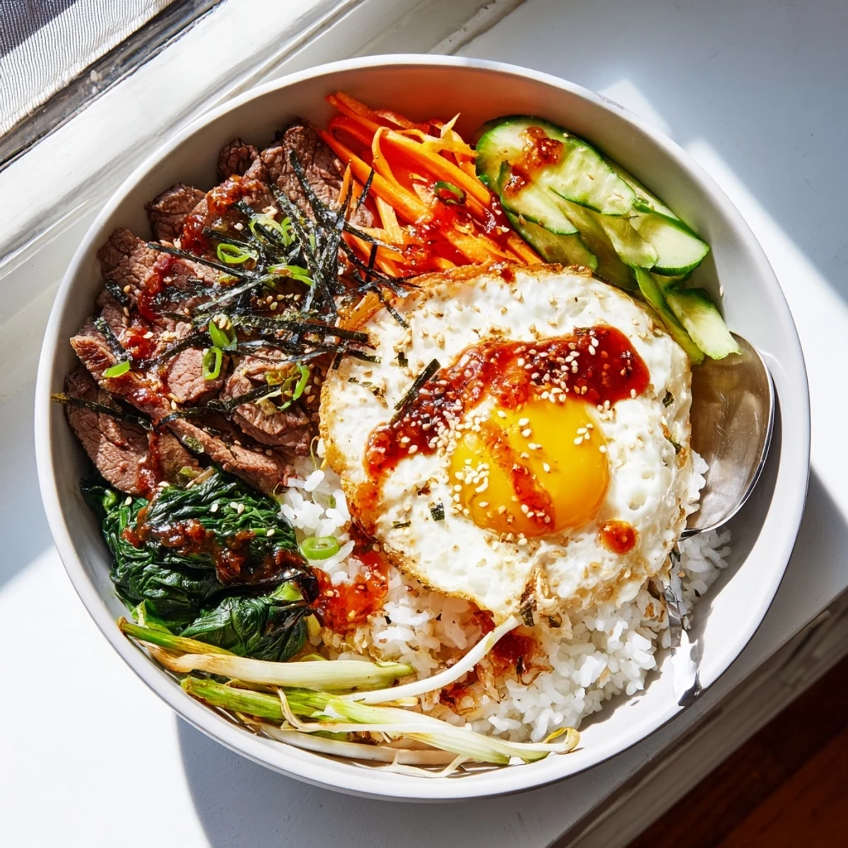 Golden fried egg atop savory marinated beef and crisp vegetables over steamed rice in this Korean-inspired breakfast bowl