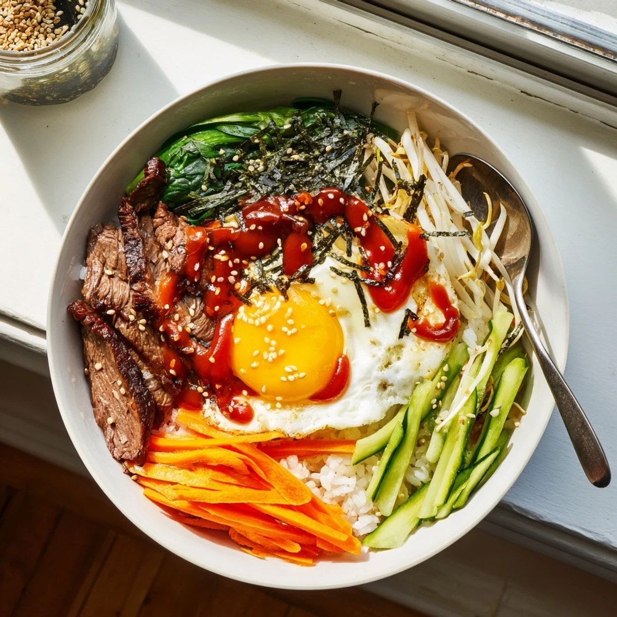 Sunny-side up egg crowns this Korean-inspired breakfast bowl with beef spinach carrot cucumber and spicy-sweet chili sauce