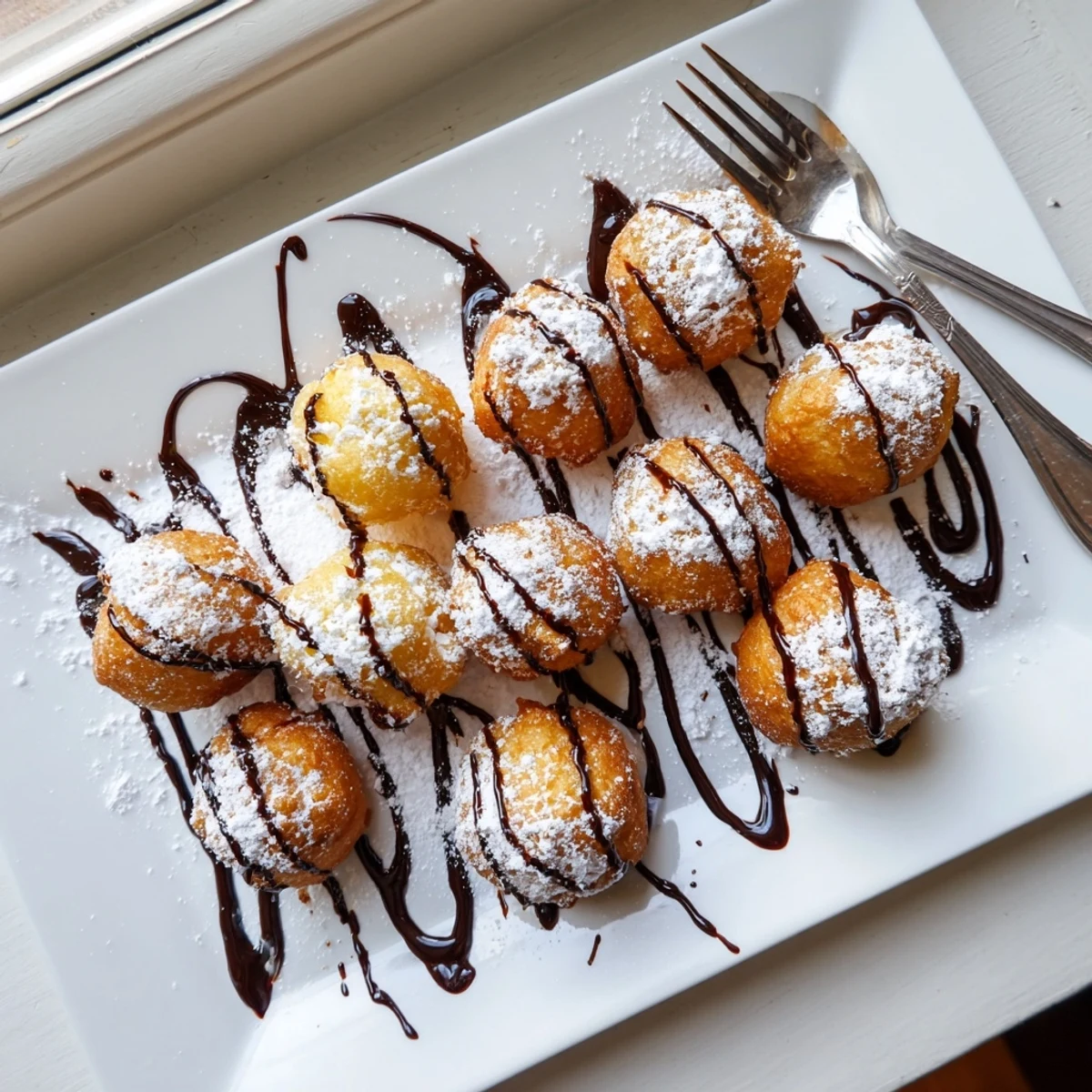 Powdered sugar dusted deep fried marshmallows drizzled with chocolate sauce on plate