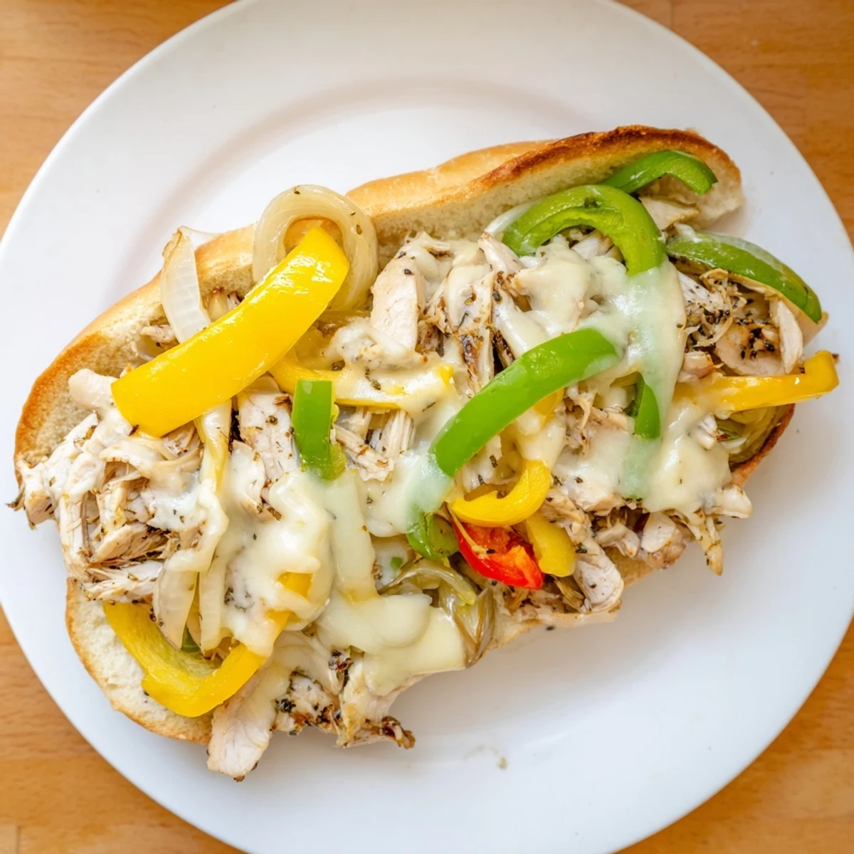 Golden toasted hoagie roll stuffed with seasoned chicken, caramelized peppers, and melted provolone cheese
