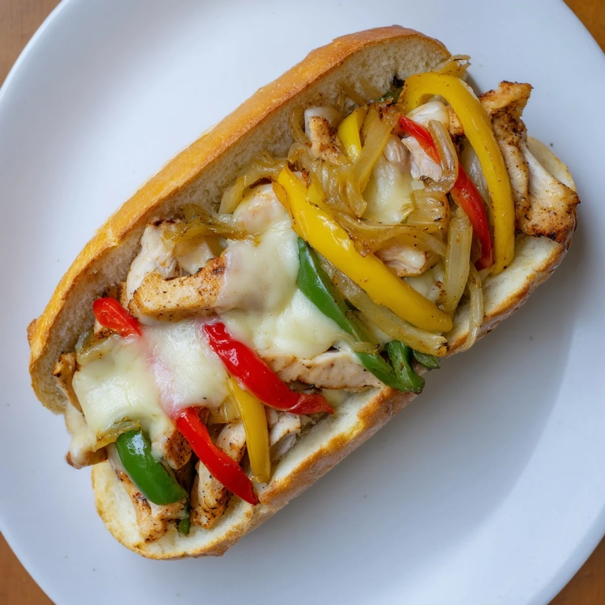 Sliced chicken breast with colorful bell peppers and bubbling provolone on a buttered hoagie bun