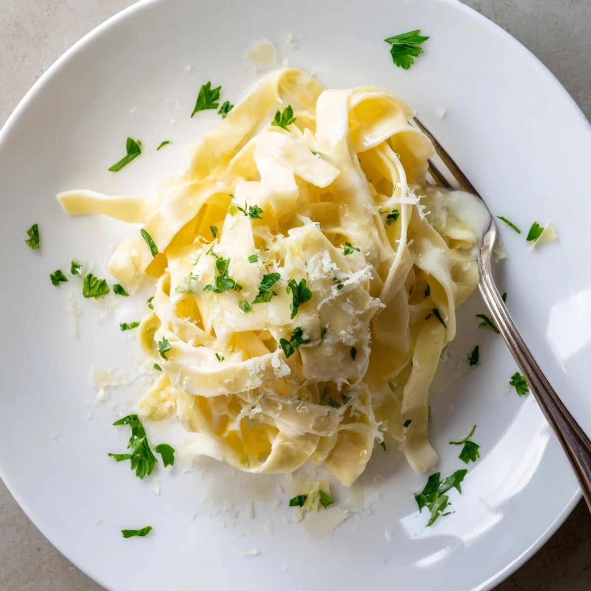 Creamy Alfredo pasta tossed with rich butter and cheese sauce on a white plate