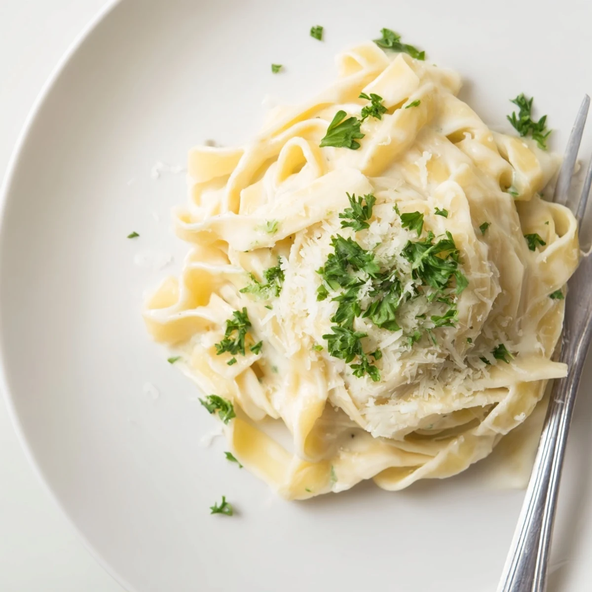 Homemade fettuccine Alfredo featuring silky smooth sauce and freshly grated Parmesan cheese topping