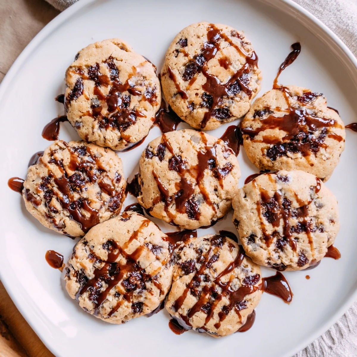 Golden brown sticky toffee pudding cookies drizzled with warm toffee glaze on a white plate