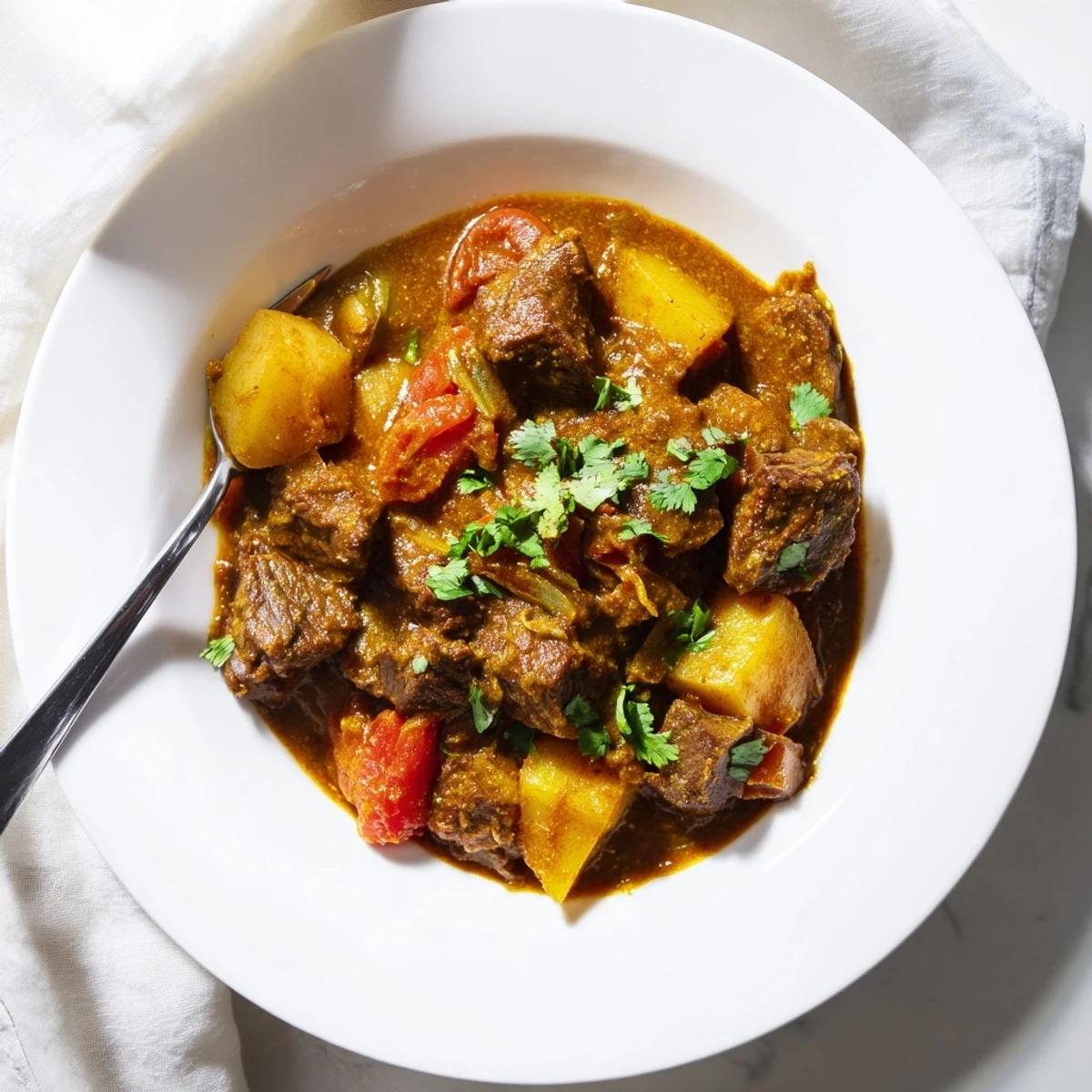 Slow cooker Indian beef curry featuring tender chunks simmered in rich, aromatic coconut-based sauce