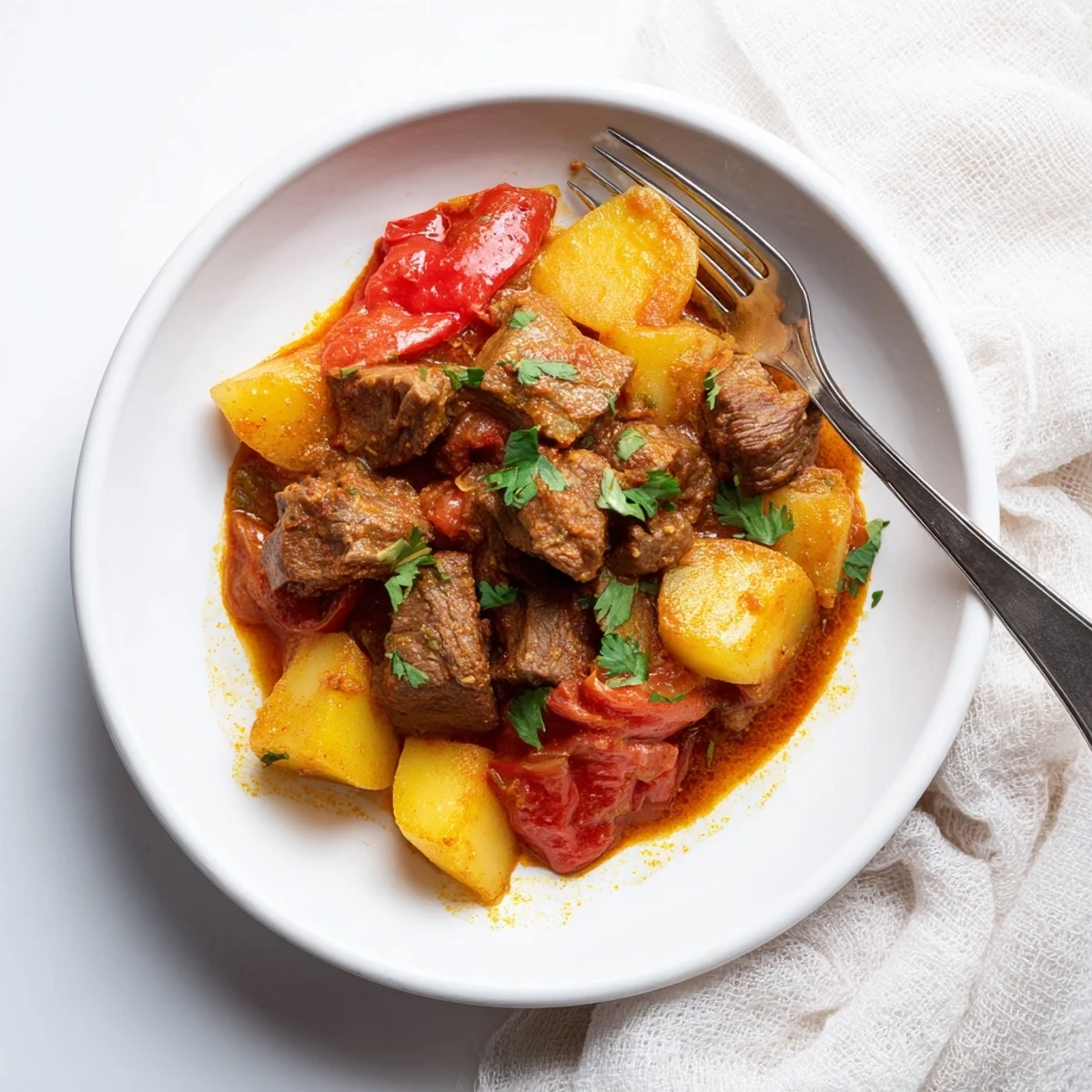 Golden slow cooker Indian beef curry garnished with fresh cilantro over steaming white rice