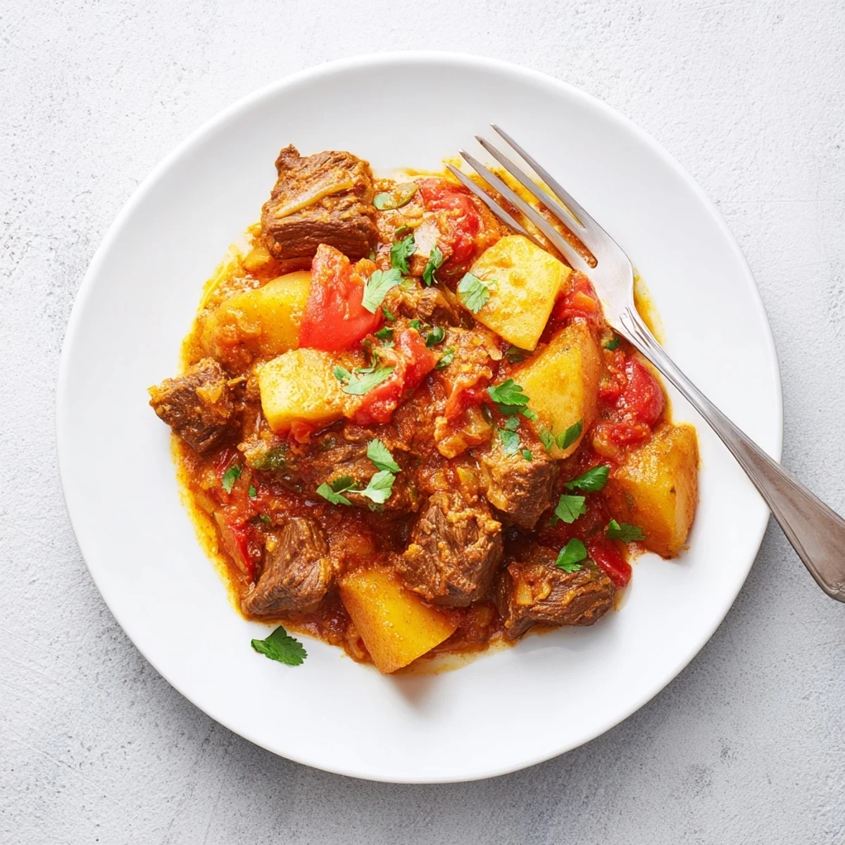 Bowl of slow cooker Indian beef curry with melt-in-your-mouth beef and potatoes