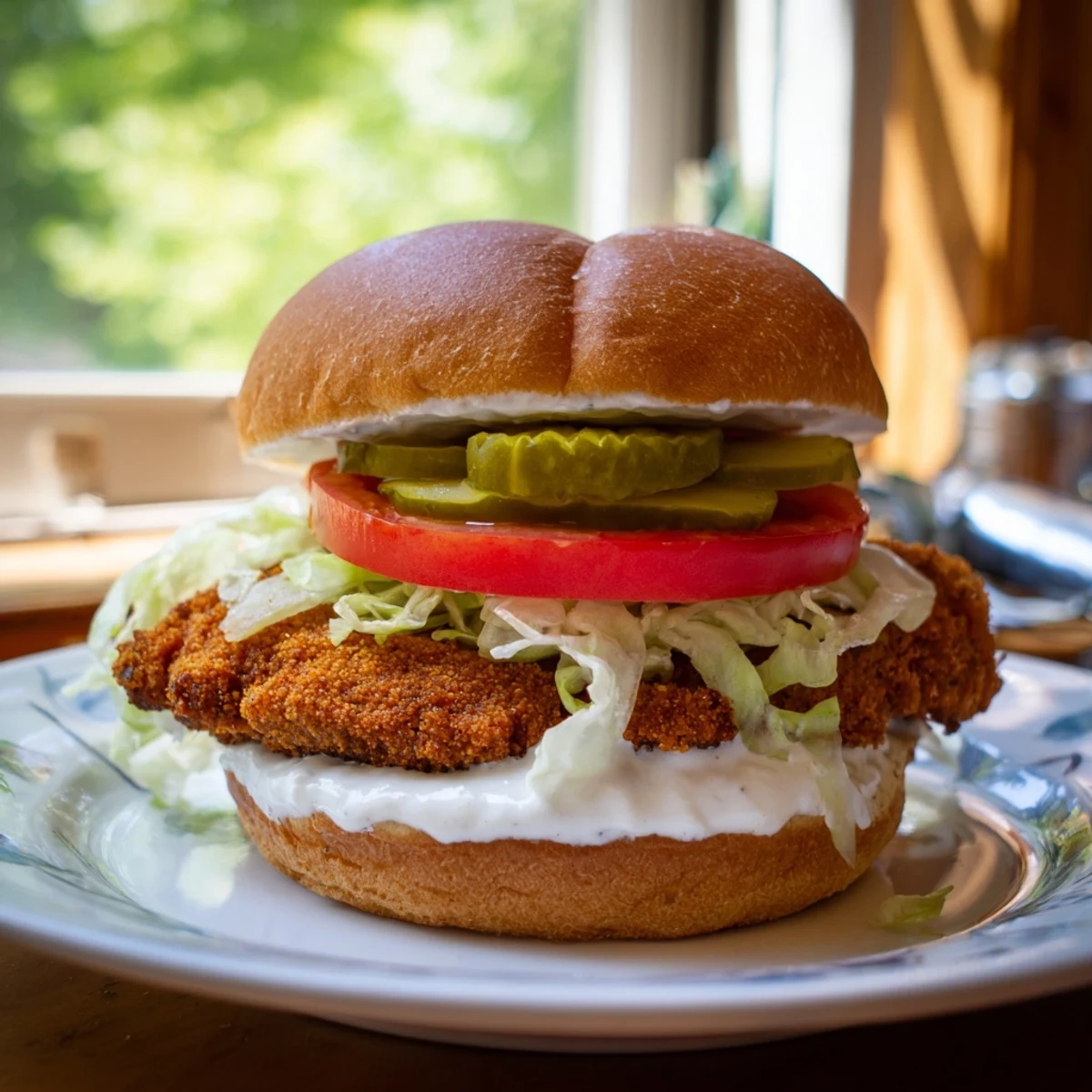 Golden crispy spicy chicken sandwich topped with cool creamy homemade sauce and fresh lettuce