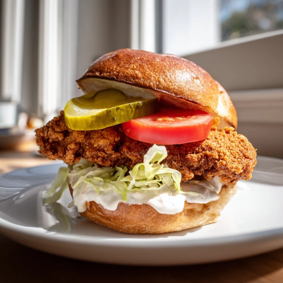 Handheld spicy chicken sandwich featuring golden crunch and drizzled creamy sauce on toasted bun