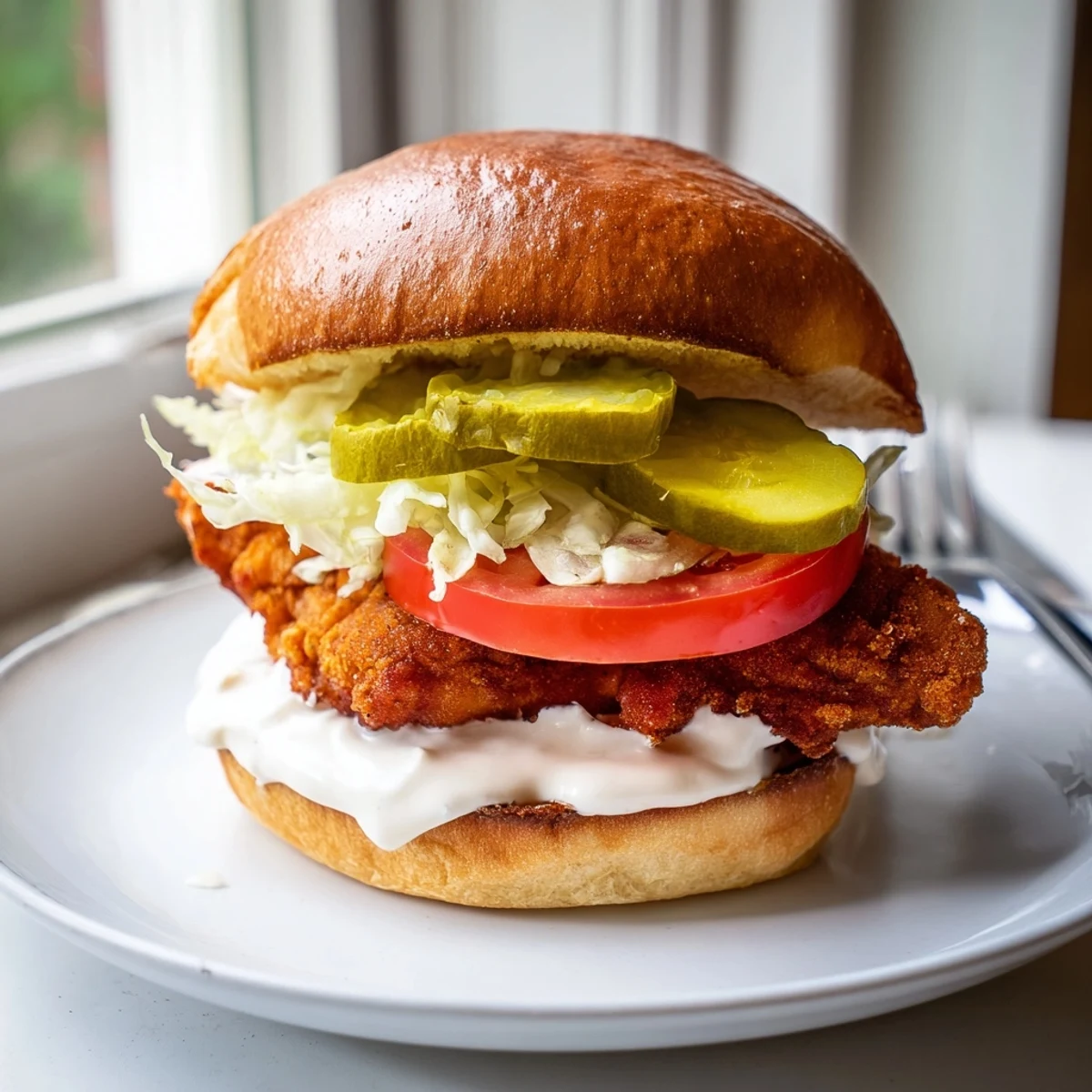Brioche bun sandwich loaded with fried spicy chicken breast and tangy white sauce