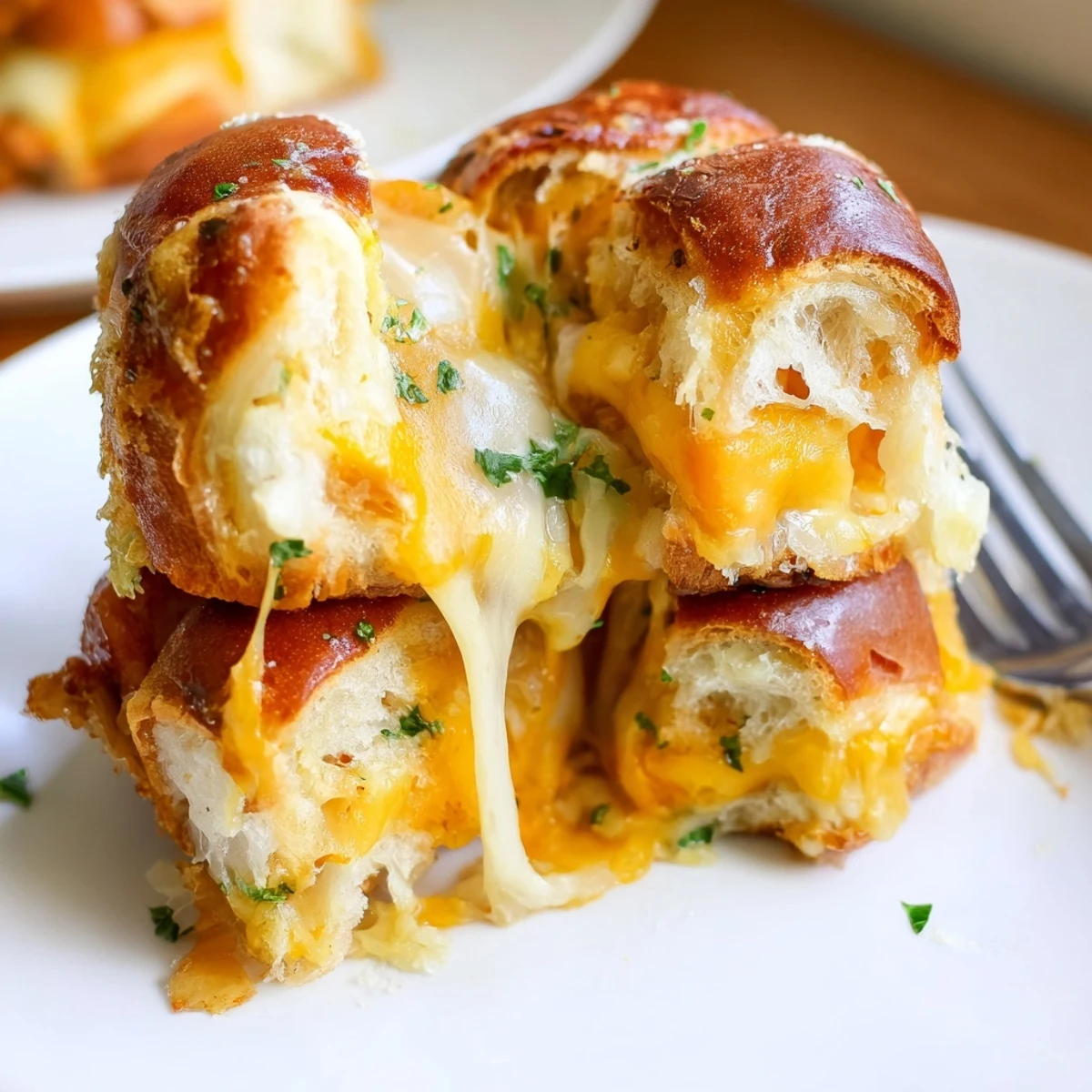 Golden mini grilled cheese Hawaiian rolls with melted cheddar cheese oozing from soft sweet bread