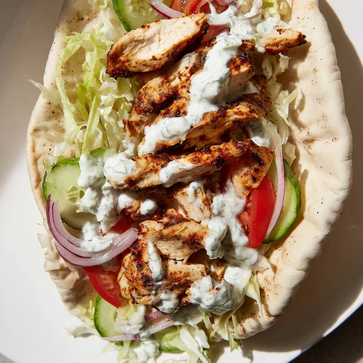 Savory Middle Eastern chicken shawarma in pita bread topped with tangy pickles and onions