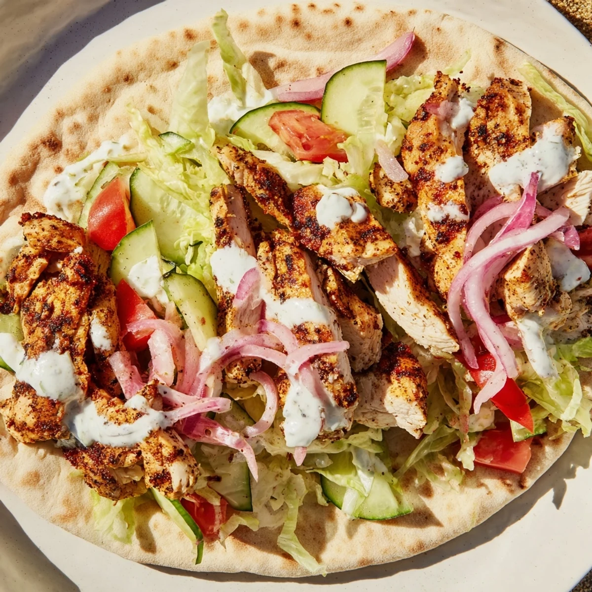 Golden chicken shawarma served with crisp lettuce tomatoes and creamy garlic sauce drizzle