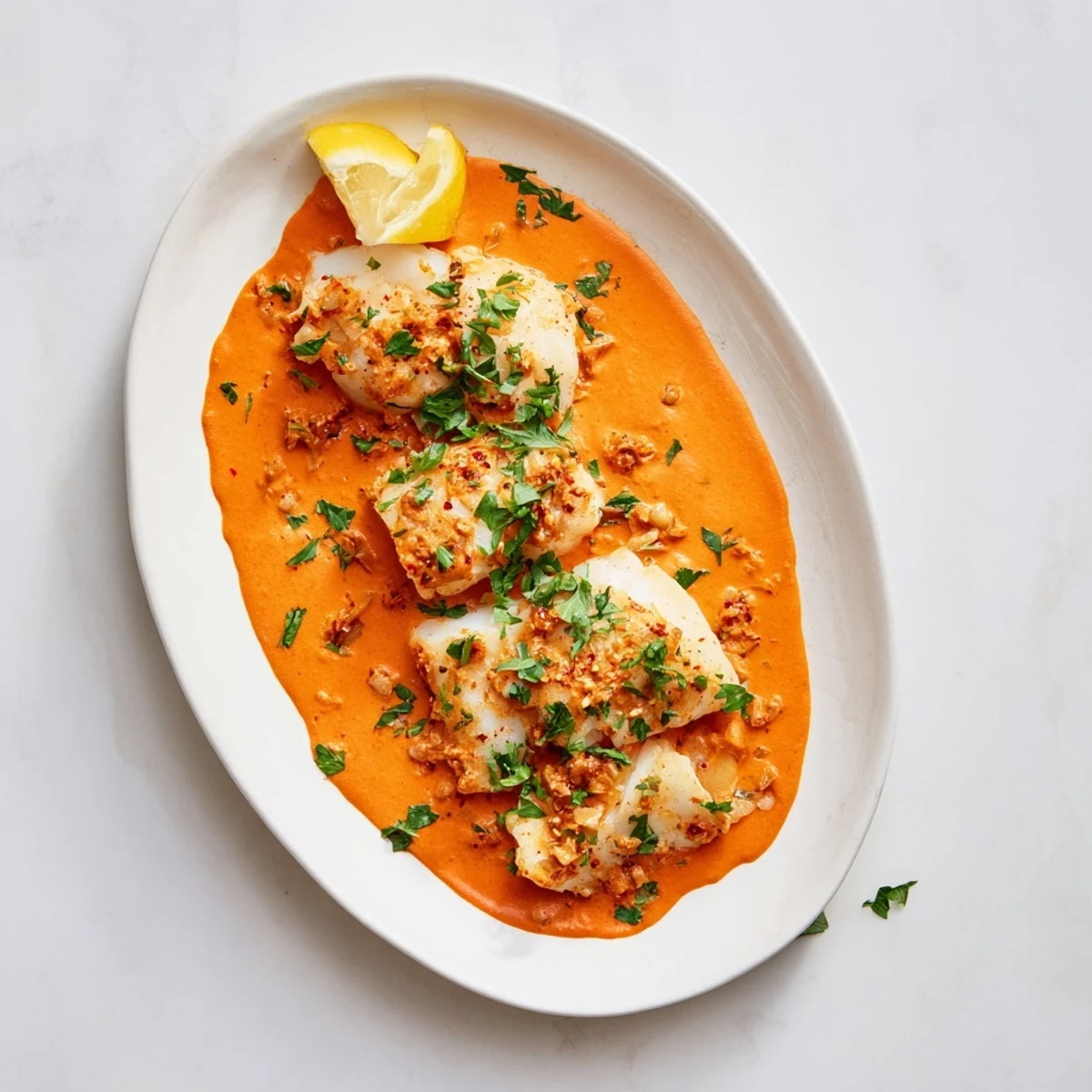 Golden seared cod fillets nestled in a vibrant roasted red pepper cream sauce