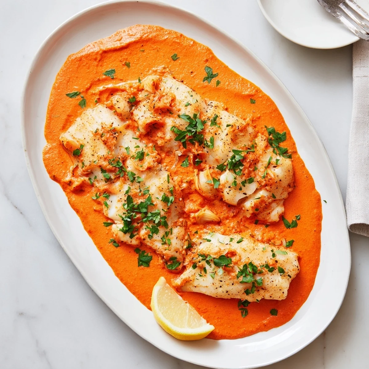 Creamy roasted red pepper sauce coating perfectly cooked cod fillets with fresh parsley garnish