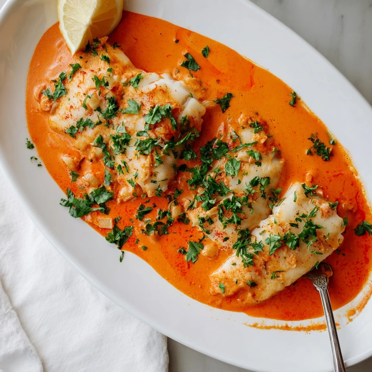 Flaky tender cod swimming in a smooth Mediterranean roasted red pepper and garlic sauce