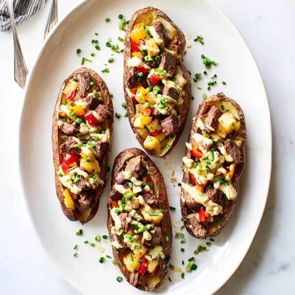 Steak stuffed baked potatoes topped with savory vegetables and silky Parmesan cream sauce garnish