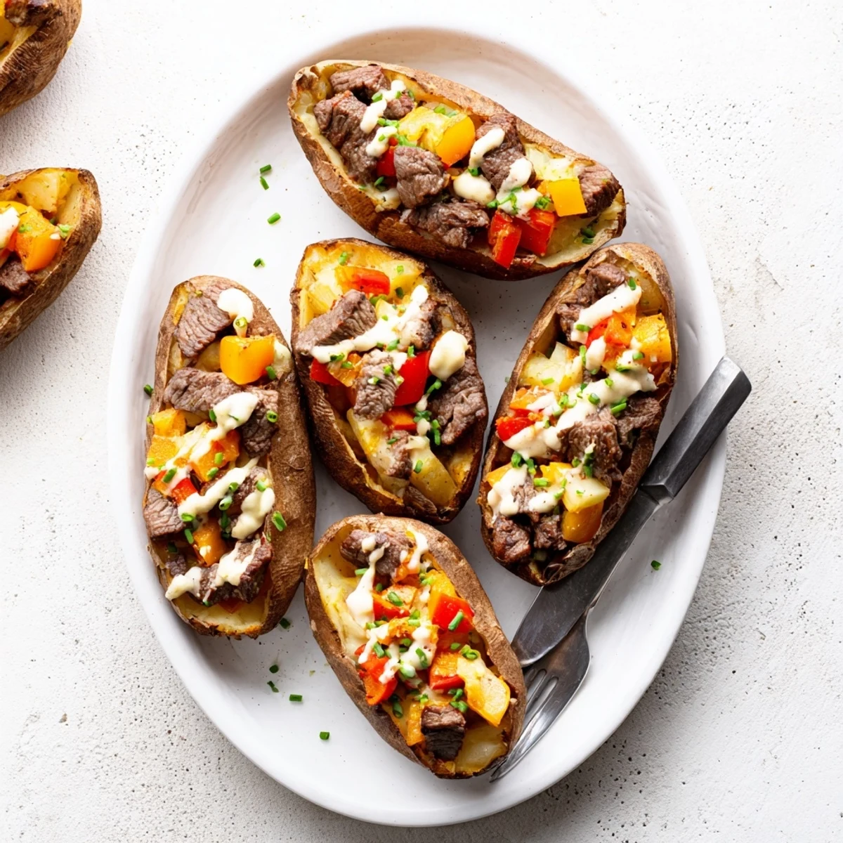 Golden baked potato loaded with juicy steak pieces and drizzled with rich Parmesan cream sauce