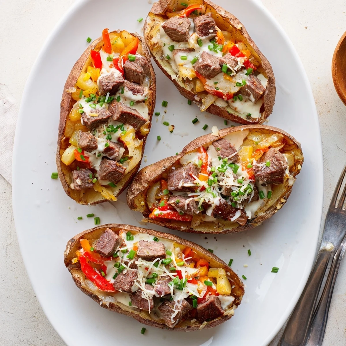 Comforting baked potato overflowing with tender steak cubes and velvety white Parmesan cream sauce